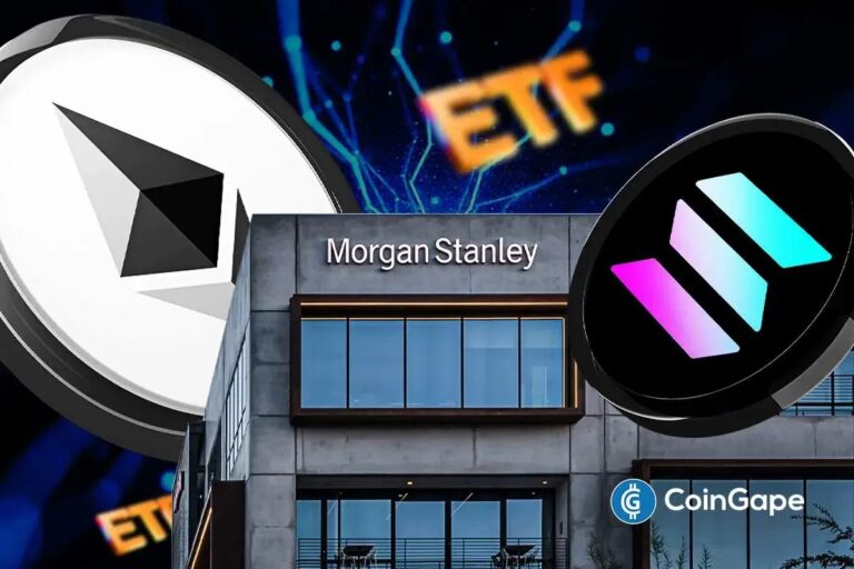 Morgan Stanley Firmenlogo neben den Krypto-Symbolen von Ethereum und Solana vor einem Börsenticker
