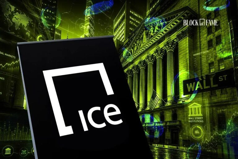 Gebäude der New York Stock Exchange mit digitalen Bitcoin- und Ethereum-Symbolen