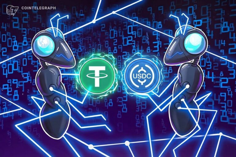 Tether und USDC Münzen mit dem Logo der Krypto-Börse OKX Europe vor einem digitalen Kurs-Chart.