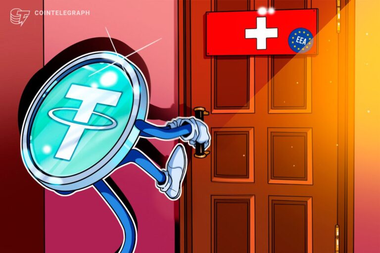 Smartphone mit geöffneter Revolut-App neben einer physischen Tether-Münze vor einem Chart-Hintergrund