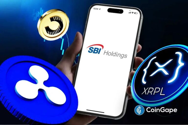 Das Ripple-Logo neben dem Schriftzug von SBI Holdings vor einem abstrakten digitalen Blockchain-Netzwerk.