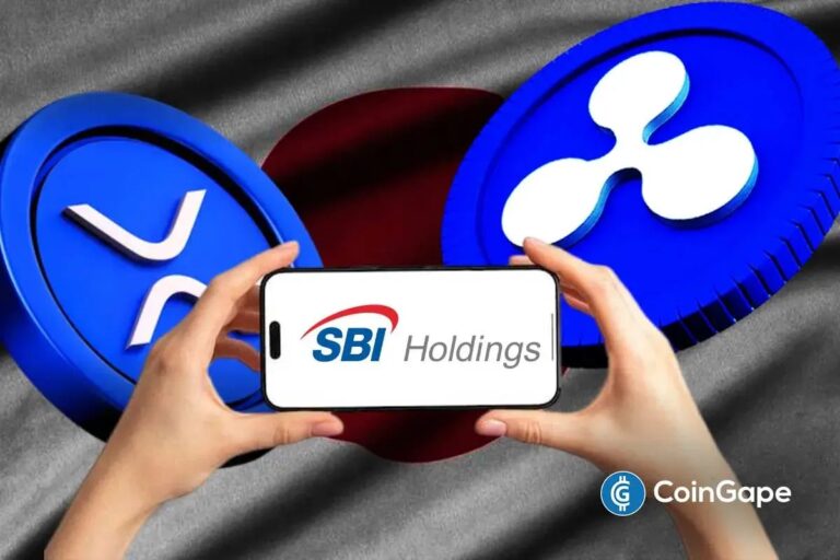 Firmenlogo der SBI Holdings neben dem digitalen XRP-Coin von Ripple auf einem Kurs-Chart