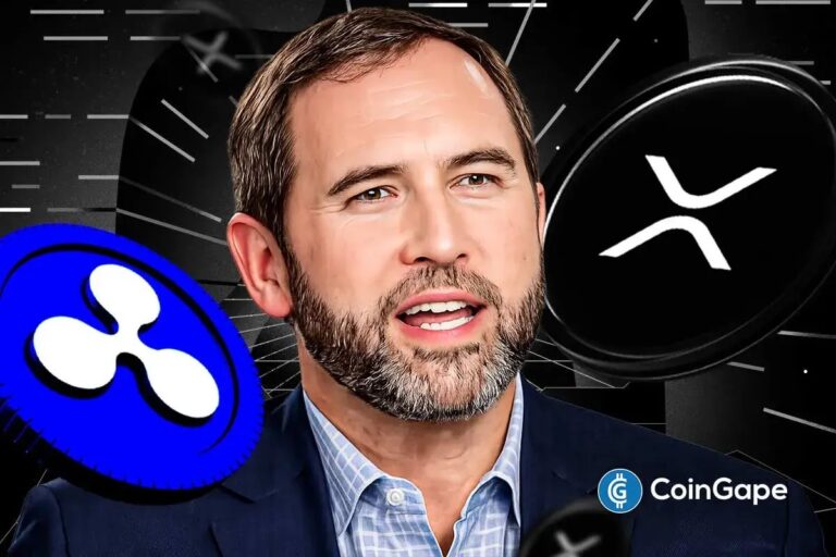 Porträt von Ripple-CEO Brad Garlinghouse mit einem XRP-Logo im Hintergrund