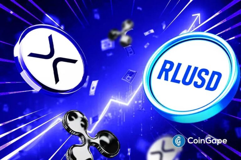 Zwei Geschäftsleute beim Händedruck vor einem digitalen Bildschirm mit dem Ripple-Logo und Stablecoin-Grafiken.