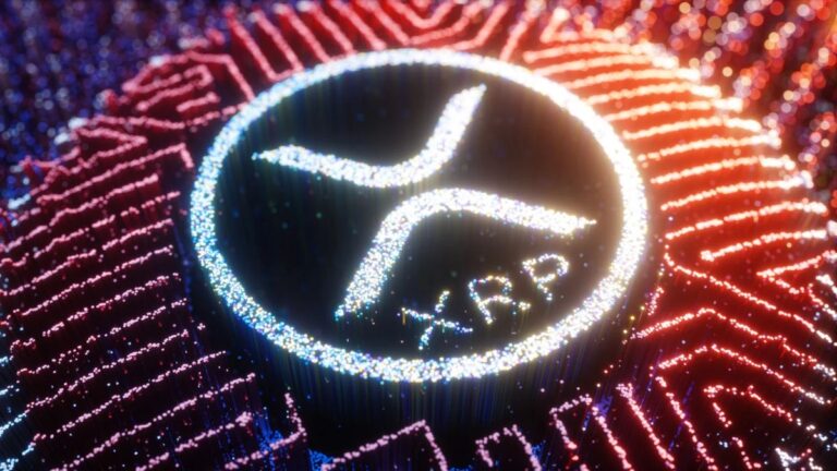 Ripple Logo und XRP Coin vor einem digitalen institutionellen Netzwerk-Hintergrund