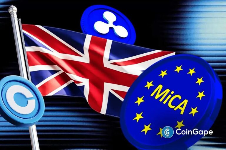 Die Logos von Ripple und Coinbase vor einer Europakarte