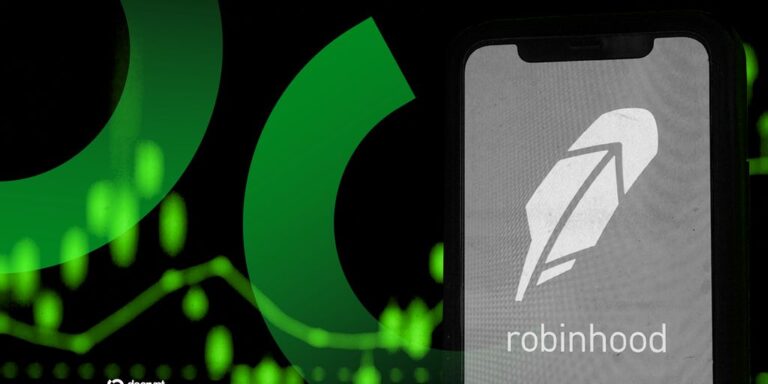 Smartphone mit Robinhood-Logo vor Ethereum-Münze und Kurs-Chart