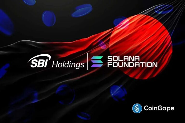 Geschäftsleute beim Handshake vor einem digitalen Solana-Logo und einer japanischen Skyline
