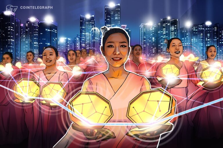 Das südkoreanische Parlament im Hintergrund mit einem digitalen Stablecoin-Symbol im Vordergrund