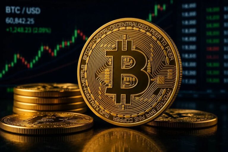 Tesla-Logo neben einer physischen Bitcoin-Münze und einem unscharfen Finanzchart im Hintergrund