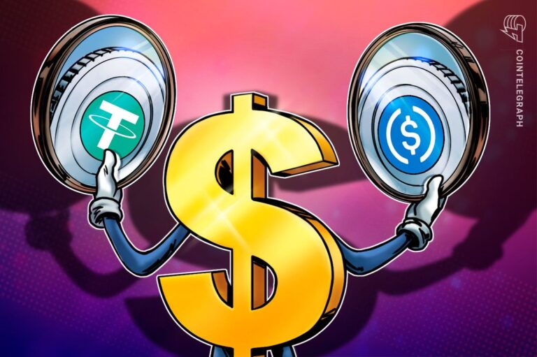 Die Logos von Tether (USDT) und USD Coin (USDC) auf einem digitalen Chart-Hintergrund zur Veranschaulichung der Marktdaten.