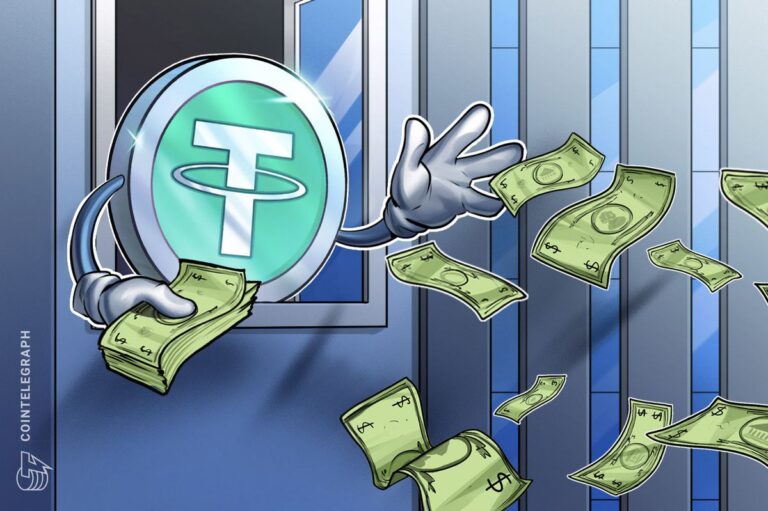 Physische Tether-Münze auf US-Dollar-Scheinen neben einem aufsteigenden Kurs-Chart