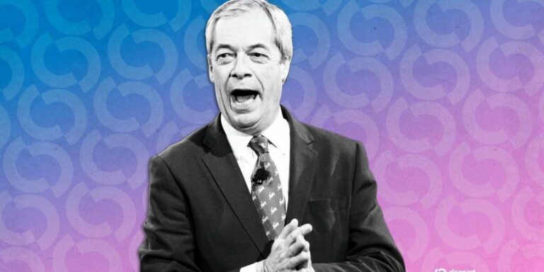 Porträt des britischen Politikers Nigel Farage vor dem Logo des Stablecoins Tether