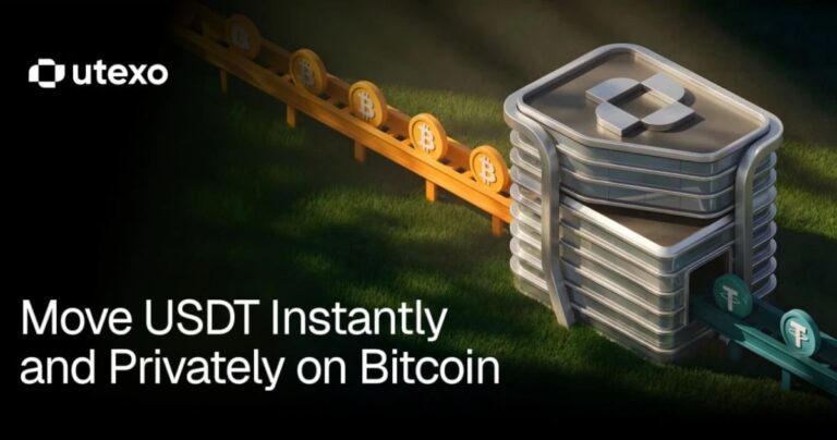 Eine physische Bitcoin-Münze neben einem Tether-Logo auf einem digitalen Schaltkreis mit Lightning-Symbolen.