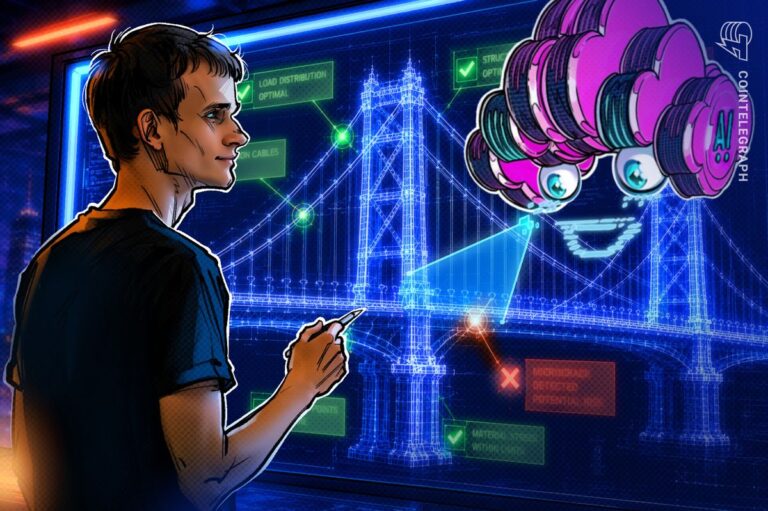 Vitalik Buterin spricht auf einer Bühne, im Hintergrund das Ethereum-Logo und Netzwerk-Strukturen.