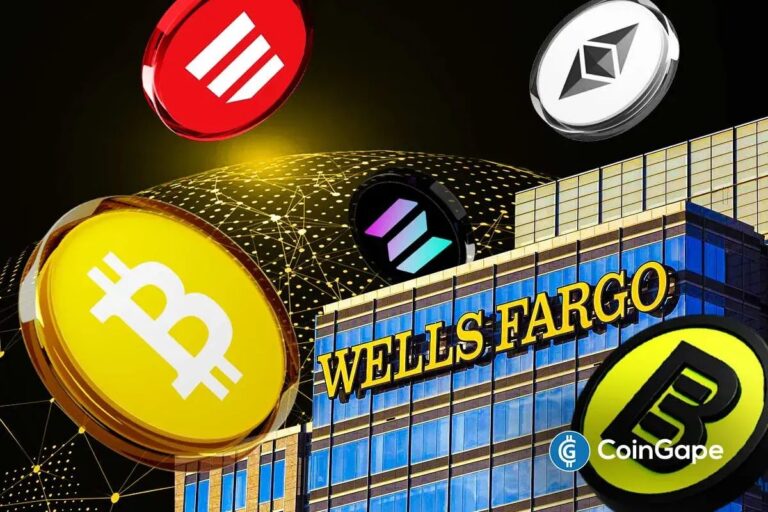 Das Logo der Bank Wells Fargo vor einem digitalen Chart mit Bitcoin-, Ethereum- und Solana-Symbolen