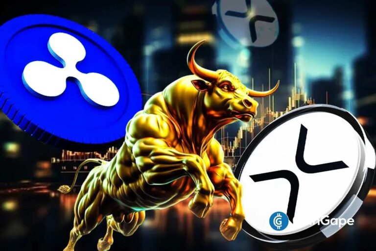 Eine leuchtende XRP-Münze vor einem aufsteigenden Kurs-Chart und Symbolen für steigendes Handelsvolumen.