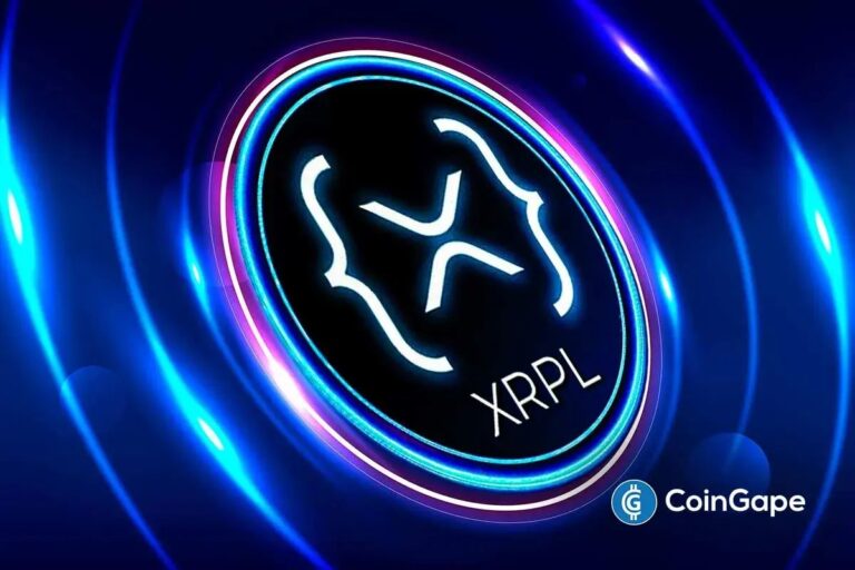 Das XRP-Logo auf einer digitalen Münze vor einem abstrakten Blockchain-Hintergrund