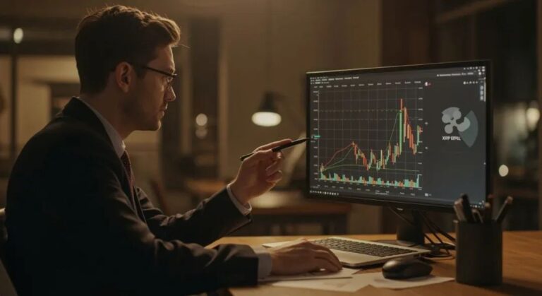 Ein aufsteigender XRP-Kurs-Chart mit bullischen Indikatoren und einer physischen Ripple-Münze im Vordergrund