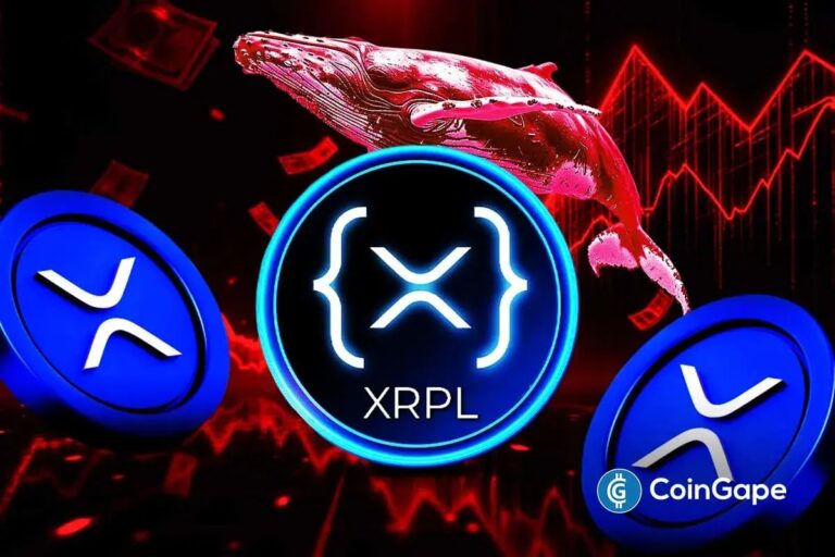 Ein roter fallender Kurs-Chart im Hintergrund des XRP-Logos