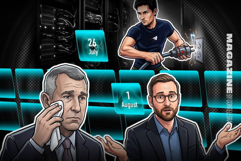 Eine physische Bitcoin-Münze liegt neben einer schwarzen Hardware-Wallet auf einem dunkelroten, absteigenden Kurs-Chart.