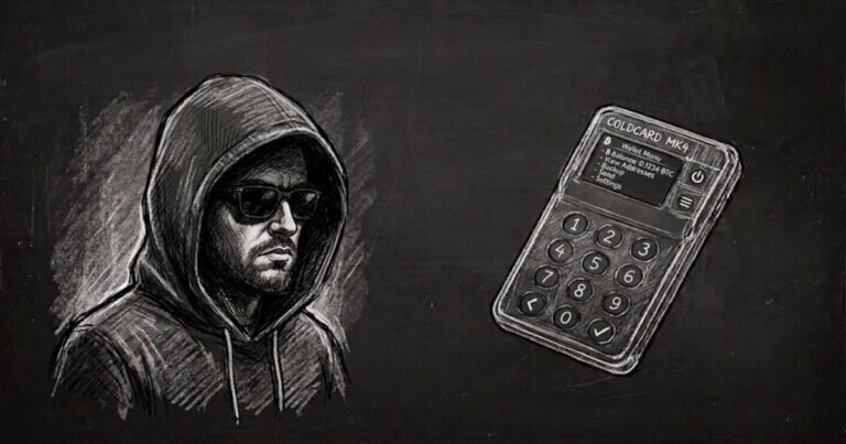 Physische Bitcoin-Münze neben einem Laptop mit Vorhängeschloss, das digitale Sicherheit und Hacking symbolisiert