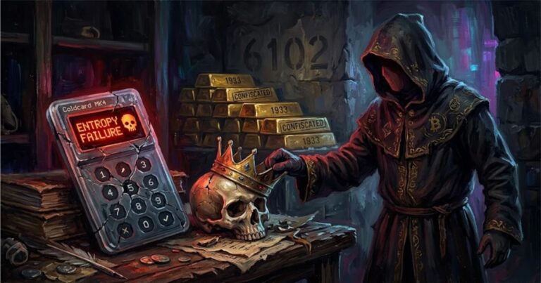 Nahaufnahme einer Coldcard Hardware-Wallet neben einer physischen Bitcoin-Münze auf einem dunklen Hintergrund.