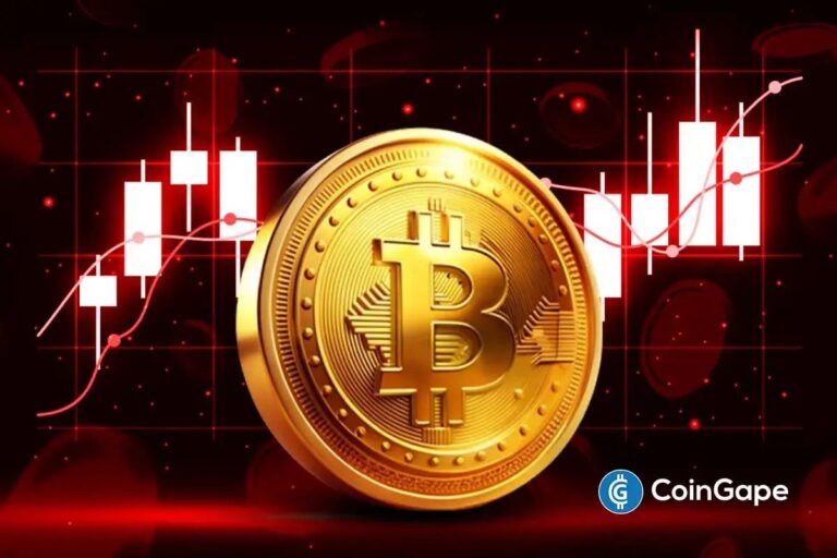 Roter fallender Kurs-Chart mit einer physischen Bitcoin-Münze und dem Logo der US-Notenbank im Hintergrund