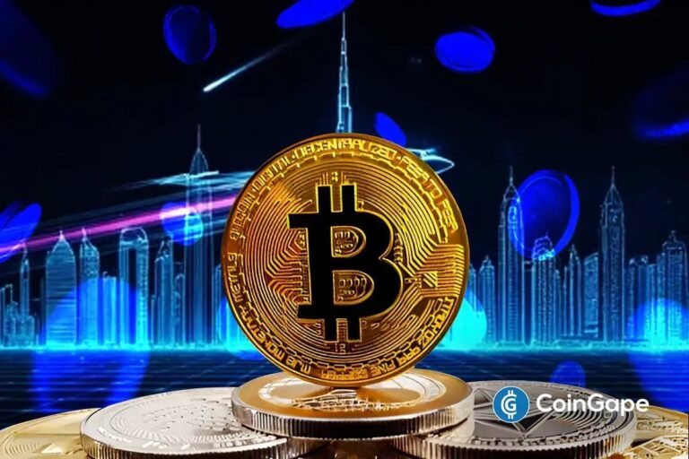 Bitcoin-Münze vor einem Kurs-Chart und einer stilisierten Weltkarte mit Fokus auf den Nahen Osten