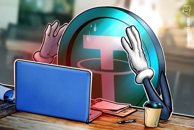 Ein roter Abwärtspfeil auf einem Bitcoin-Chart neben einer Tether-Münze verdeutlicht den sinkenden Verkaufsdruck.
