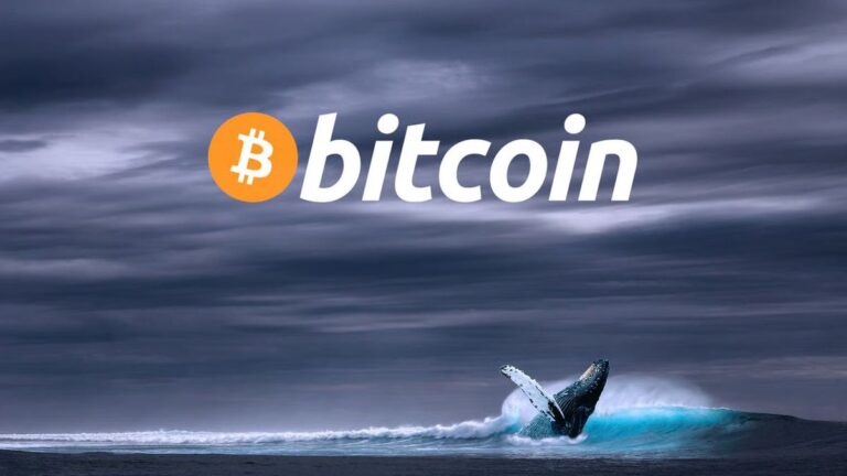 Eine große Bitcoin-Münze neben einem steigenden Kurs-Chart und einem symbolischen Wal im Hintergrund