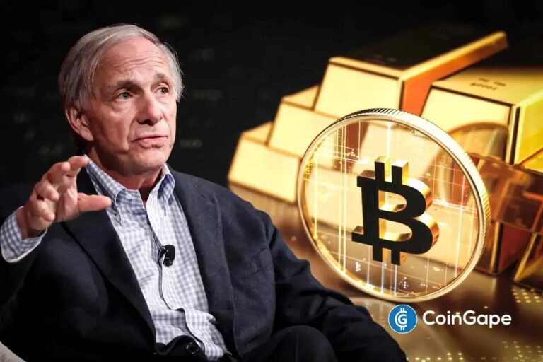 Ray Dalio neben einer Bitcoin-Münze und einem Goldbarren vor einem Kurs-Chart