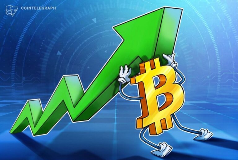 Steigender Bitcoin-Kurs-Chart vor dem Gebäude der US-Notenbank Federal Reserve.
