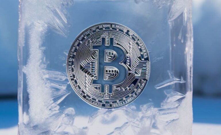 Physische Bitcoin-Münze vor einem absteigenden Kurs-Chart