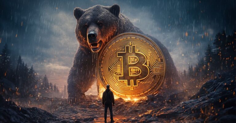Bitcoin-Kurs-Chart mit fallenden roten Kerzen und einer leuchtenden Bitcoin-Münze im Vordergrund