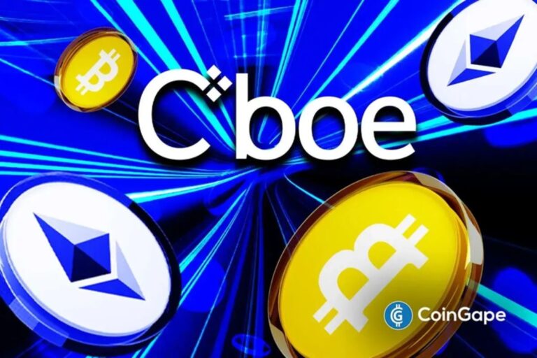 Kurs-Chart mit den Logos von Bitcoin und Ethereum vor dem Hintergrund der US-Börse Cboe