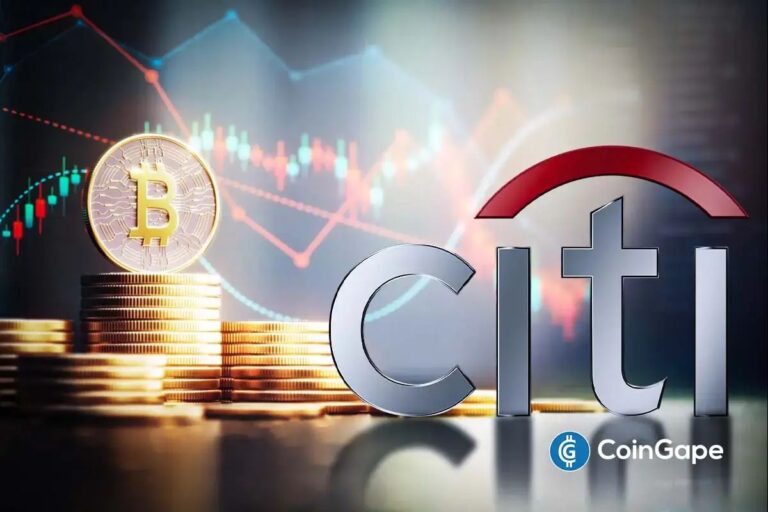 Zentrale der Wall-Street-Bank Citigroup mit einem digitalen Bitcoin-Logo im Vordergrund