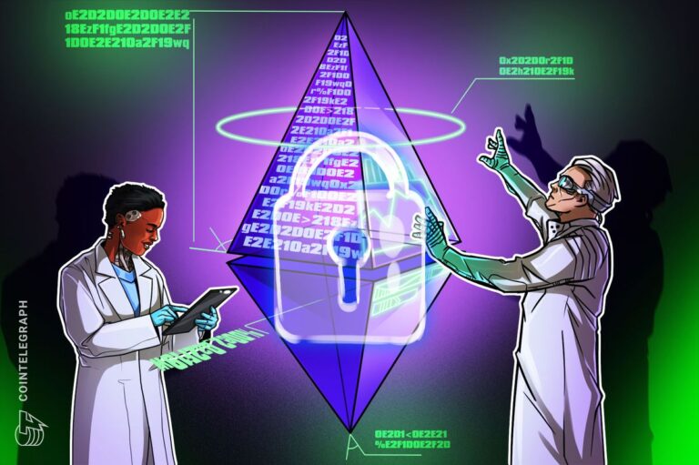 Leuchtendes Ethereum-Logo auf einem digitalen Server-Hintergrund, der Datenschutz und Netzwerk-Upgrades symbolisiert.
