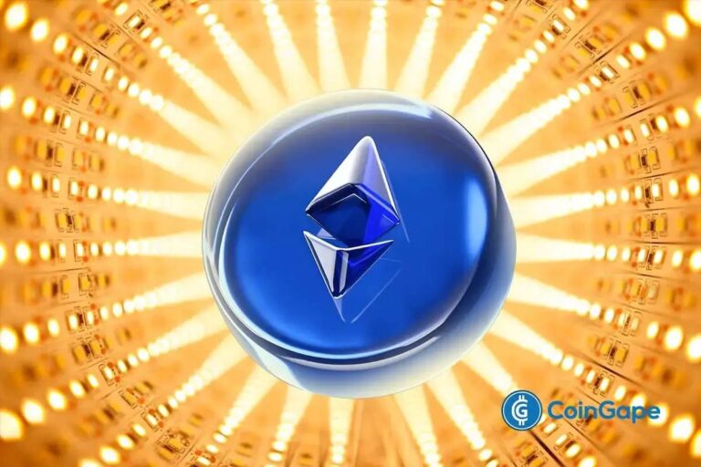 Roter Kurs-Chart mit einer physischen Ethereum-Münze im Vordergrund