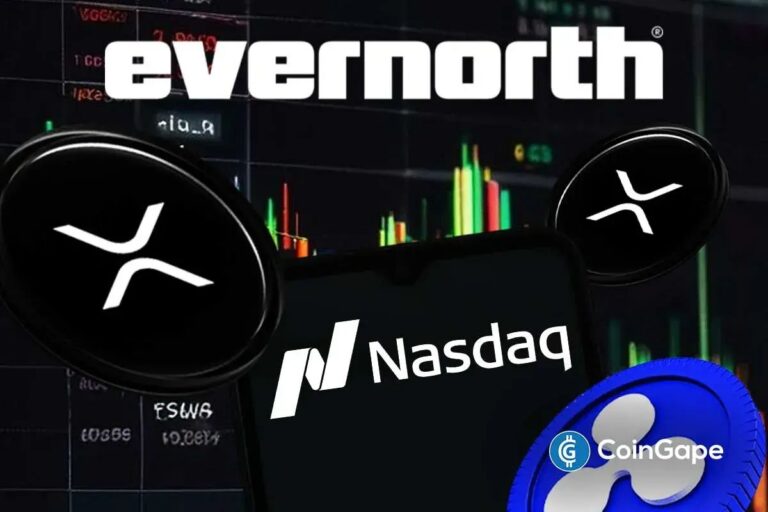 Eine physische XRP-Münze liegt auf einem steigenden Börsenchart neben dem Logo der Nasdaq.