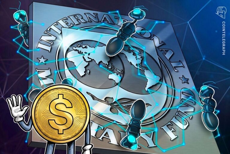 Eine Tether-Münze (USDT) liegt vor dem Logo des Internationalen Währungsfonds (IWF).