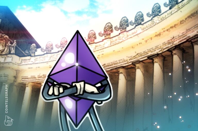 Bankgebäude von Intesa Sanpaolo neben Ethereum- und Bitcoin-Münzen