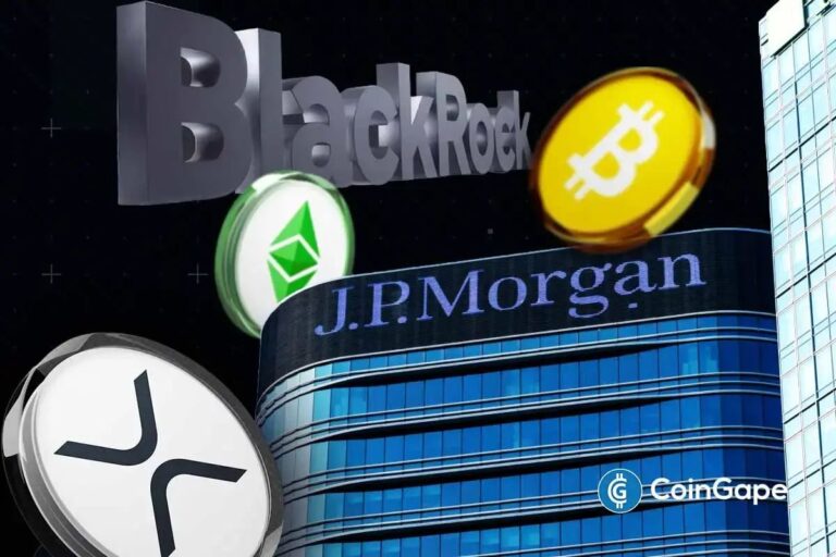 JPMorgan-Logo vor einem verschwommenen Kurs-Chart mit Bitcoin- und XRP-Münzen