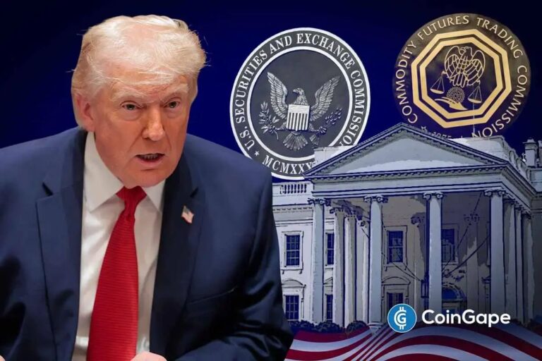Das Weiße Haus in Washington mit überlagerten Logos von Ripple, SEC und CFTC