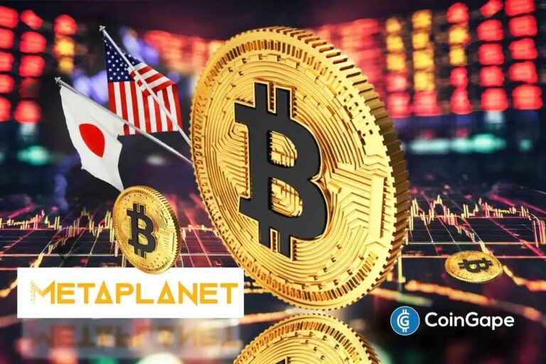 Metaplanet Logo neben einer physischen Bitcoin-Münze und einem aufsteigenden Börsenchart