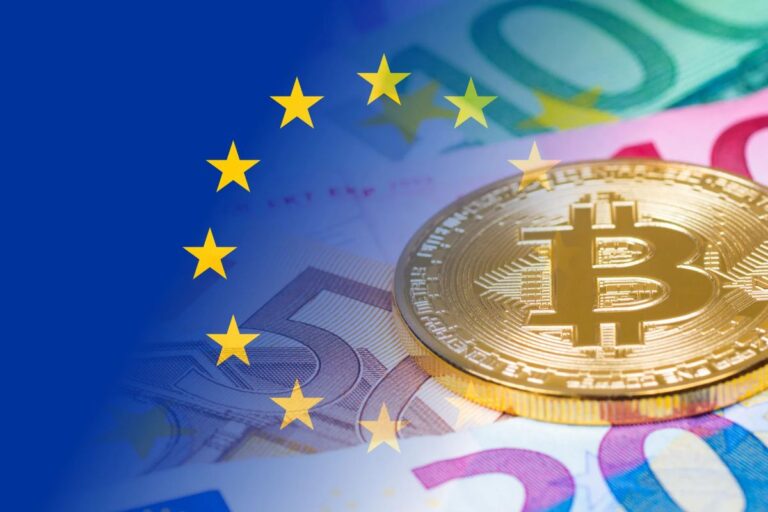 Euro-Münzen und das Ripple-Logo auf einem digitalen Blockchain-Hintergrund, der Regulierung symbolisiert