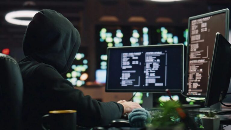 Hacker mit Kapuze vor einem Bildschirm mit Bitcoin-Kursen und Blockchain-Daten