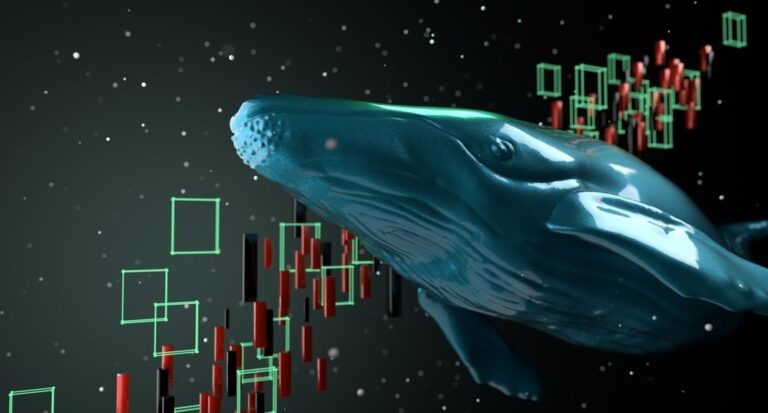 Eine digitale XRP-Münze vor einem Kurs-Chart mit roten und grünen Kerzen