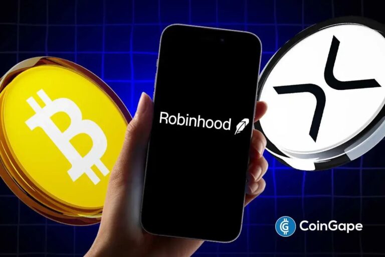 Smartphone mit der Robinhood-App neben einer Bitcoin-Münze und britischer Flagge