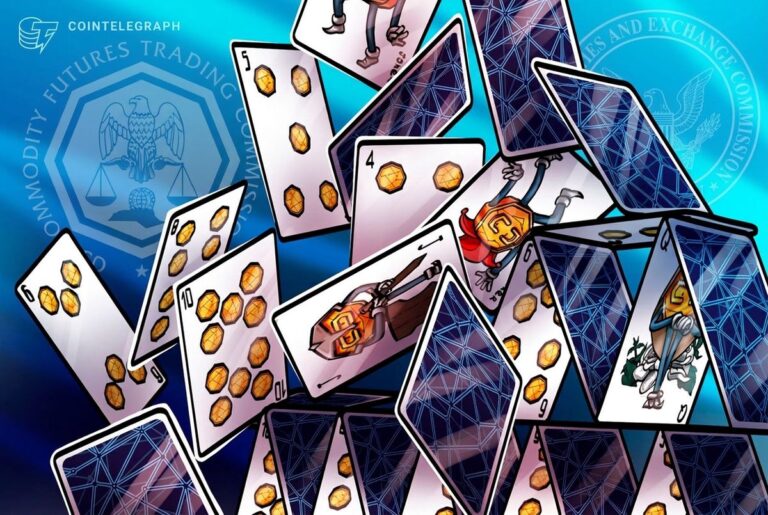 Gebäude der SEC neben physischen Bitcoin- und Ethereum-Münzen